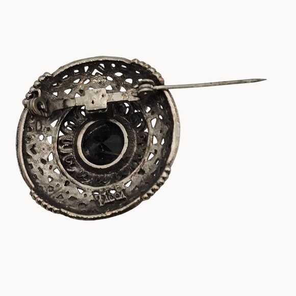 VTG Brooch Tacoa Signed Cabochon Black Rhinestone SilverTone Filigree Whimsygoth - Picture 8 of 12